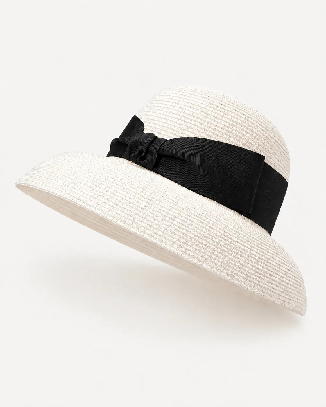 YANOVA women's wide brim straw sun hat with black ribbon bow in white