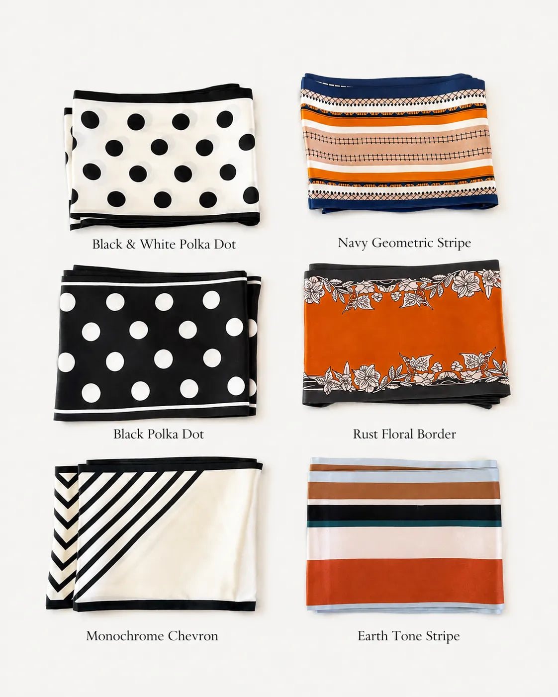 An organized collection display of six different patterned satin skinny scarves, including polka dots, geometric stripes, and floral designs, labeled with style names.