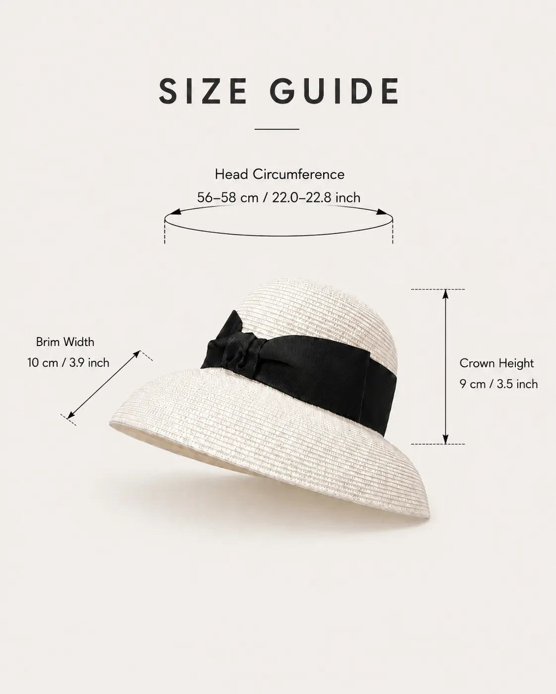 Dimensions of the YANOVA wide brim straw sun hat including brim width and head circumference