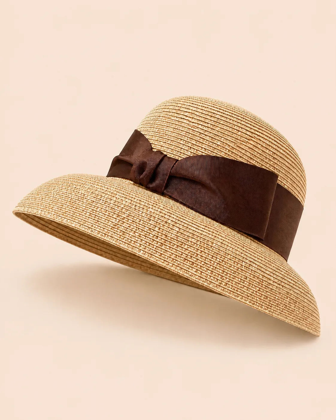YANOVA women's wide brim straw sun hat with chocolate ribbon bow in brown 