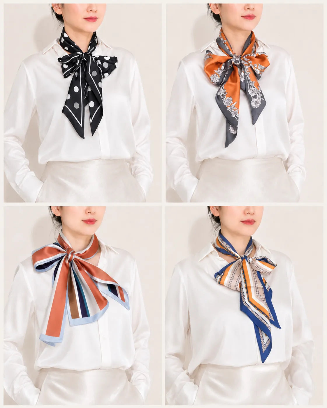 A 4-panel collage demonstrating four different stylish ways to tie and wear a patterned satin skinny scarf with a white blouse.