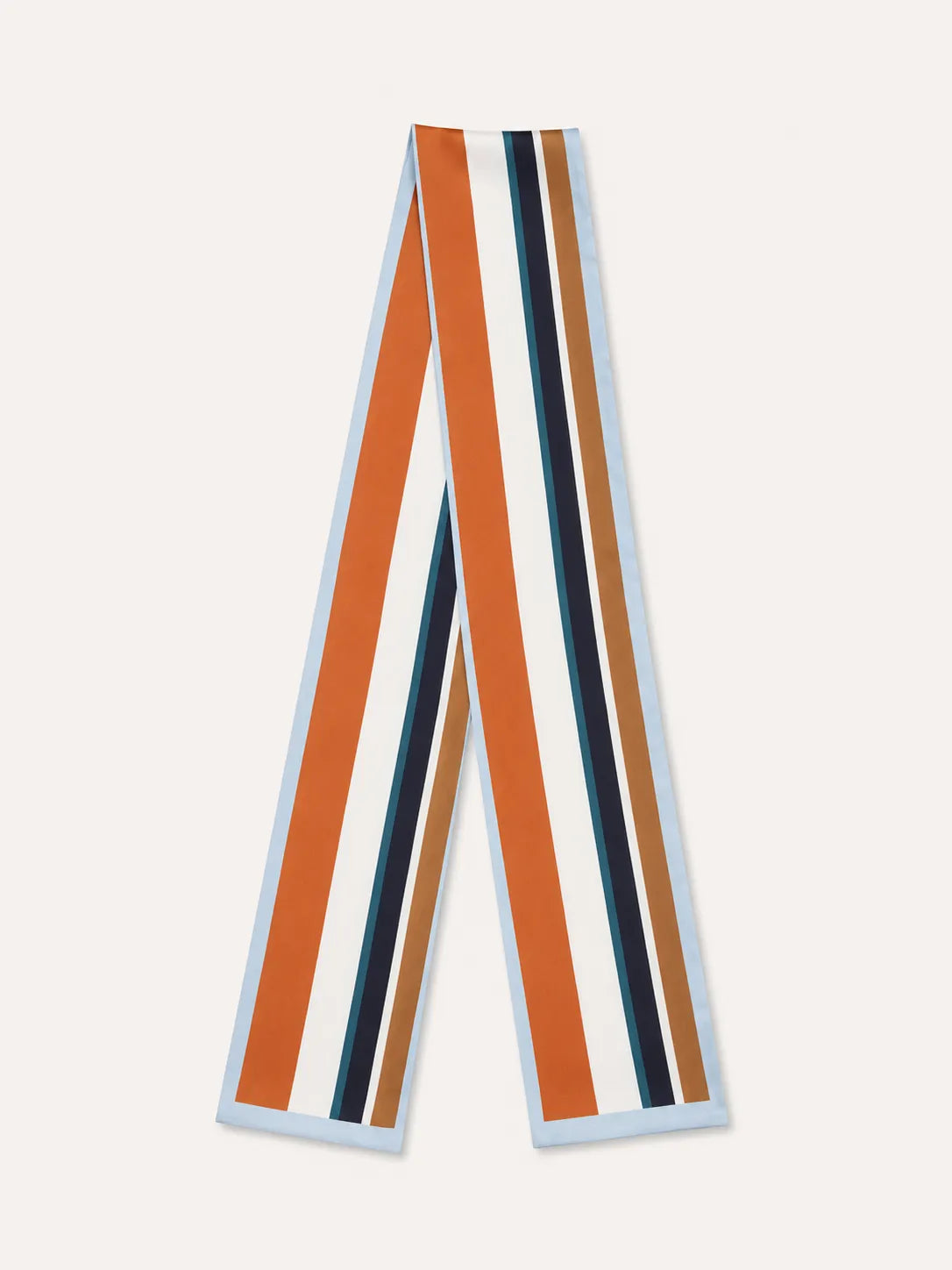 A product flat lay of a rust orange, navy blue, and white block-striped satin skinny scarf layout.
