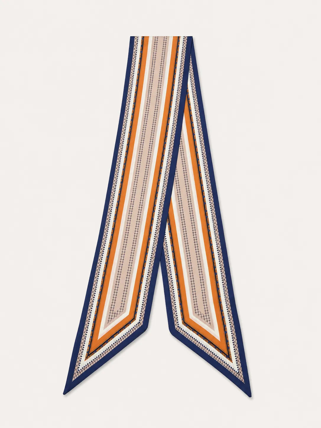 A product flat lay of a multi-colored satin twilly scarf featuring navy blue, orange, and beige vertical geometric stripes.