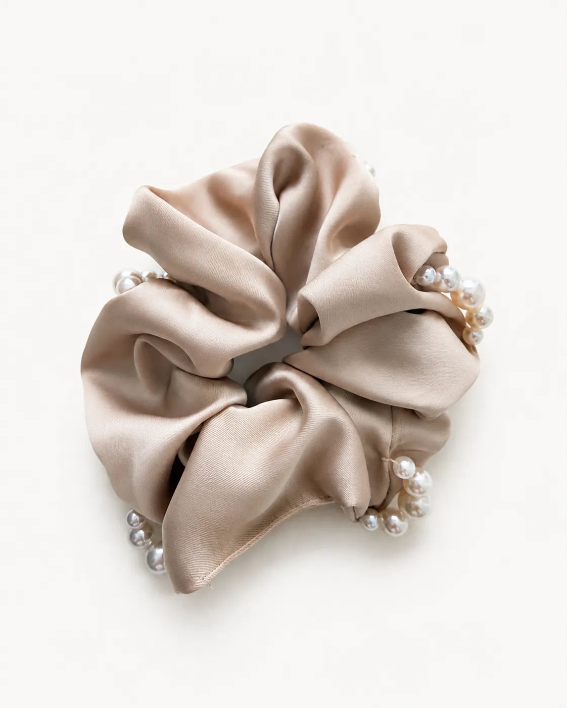 ⁠YANOVA oversized champagne polyester satin scrunchie adorned with delicate faux pearls for women.⁠