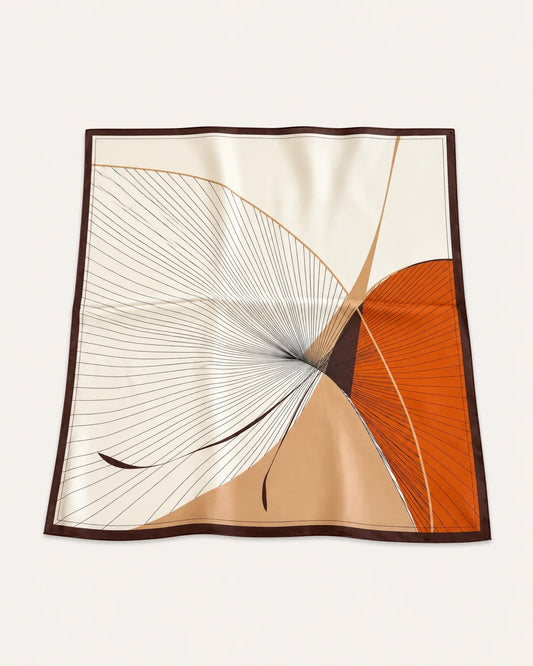 YANOVA 26.4 × 26.4 in (67 × 67 cm) 100% Mulberry Silk Square Scarf with Caramel Flow geometric pattern in ivory, caramel, and brown, luxury silk scarf for women.