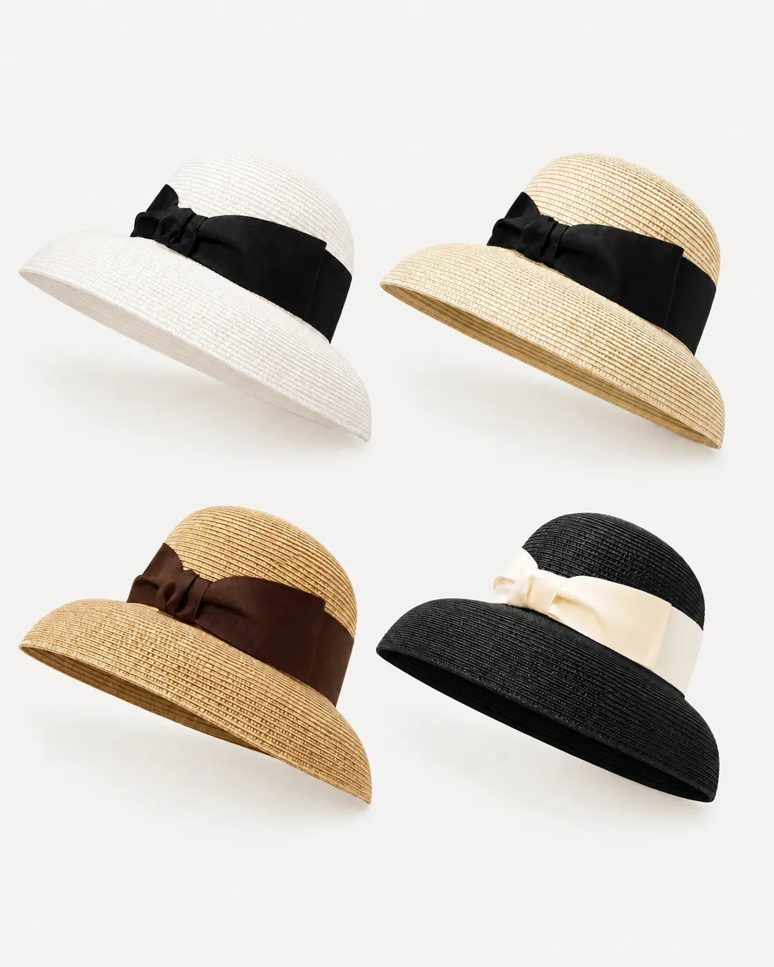 YANOVA wide brim straw sun hats featuring ribbon bows in ivory, natural, brown, and black color options