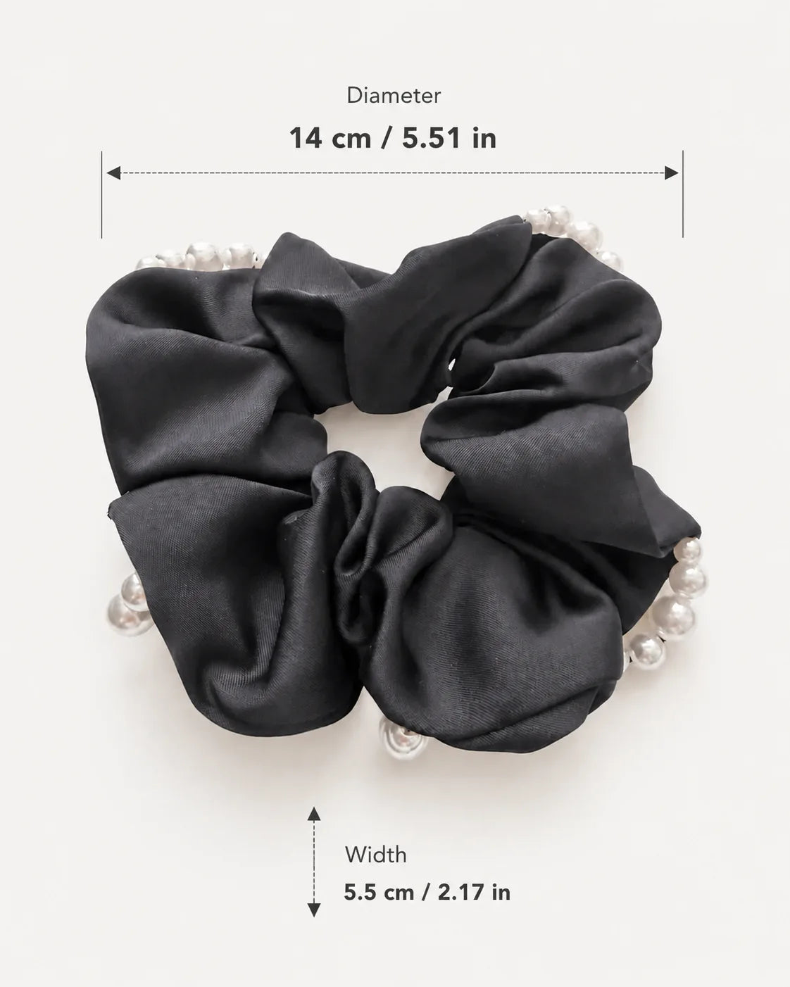YANOVA oversized black polyester satin scrunchie adorned with delicate faux pearls for women.⁠